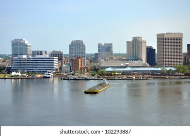 Norfolk City Skyline And Elizabeth River, Virginia VA, USA.