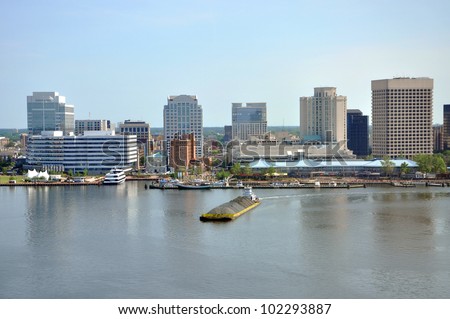 Norfolk city skyline and Elizabeth River, Virginia VA, USA.