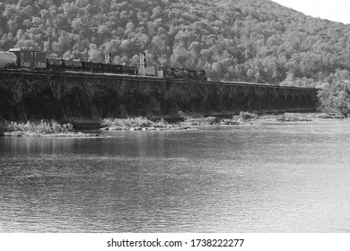 Norfolk Southern Freight Train crossing westbound on the Rockville Bridge over the Susquehanna River in Harrisburg, Pennsylvania, USA, Ocobter 19, 2019