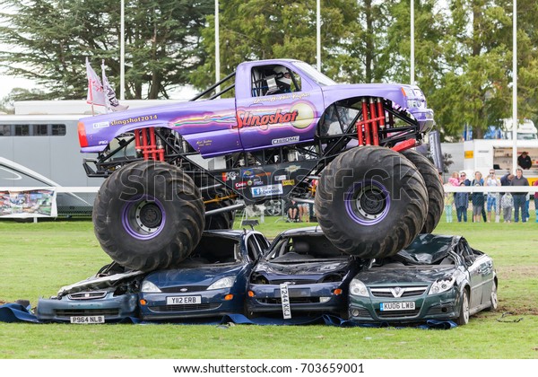 NORFOLK, UK - AUGUST 19th, 2017: Truckfest Norwich\
is a transport festival in the UK based around the haulage industry\
located in Norfolk. Monster Truck Slingshot at Truckfest Norwich UK\
2017