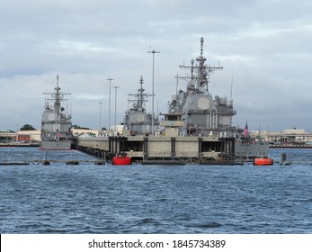 Norfolk, USA - June 9, 2019: Several Naval Vessels Anchor In The Norfolk Naval Base.