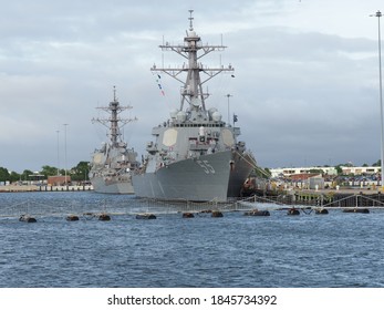 Norfolk, USA - June 9, 2019: Several Naval Vessels Anchor In The Norfolk Naval Base.