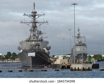 Norfolk, USA - June 9, 2019: Several Naval Vessels Anchor In The Norfolk Naval Base.