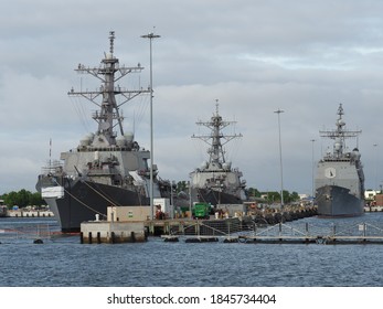 Norfolk, USA - June 9, 2019: Several Naval Vessels Anchor In The Norfolk Naval Base.