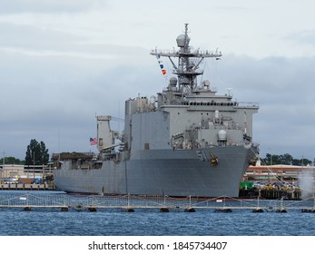 Norfolk, USA - June 9, 2019: The USS Oak Hill Naval Vessel Docked At The Norfolk Naval Base.