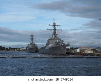 Norfolk, USA - June 9, 2019: Several Naval Vessels Anchor In The Norfolk Naval Base.