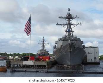 Norfolk, USA - June 9, 2019: Several Naval Vessels Anchor In The Norfolk Naval Base.