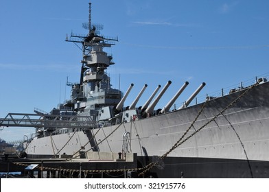 NORFOLK, VA - SEP 11: USS Wisconsin Battleship (BB-64) In Norfolk, Virginia, As Seen On Sep 11, 2015. It Was Built At The Philadelphia Naval Shipyard, Pennsylvania And Launched On 7 December 1943.