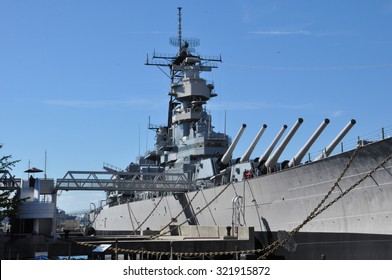 NORFOLK, VA - SEP 11: USS Wisconsin Battleship (BB-64) In Norfolk, Virginia, As Seen On Sep 11, 2015. It Was Built At The Philadelphia Naval Shipyard, Pennsylvania And Launched On 7 December 1943.