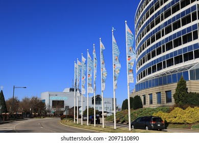 Norfolk, VA, USA - December 26, 2021: Waterside Drive With The World Trade Center Building On The Right And NAUTICUS - The Hampton Roads Naval Museum Ahead.