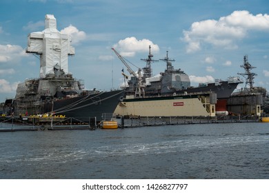 Norfolk, VA, USA -- June 6, 2019. Navy Ships Are Berthed In Norfolk, VA For Maintenance And Repair.