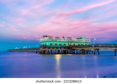 Norfolk Virginia - October 12 2022:  Long Exposure Of The Ocean View Fishing Pier In Norfolk Virginia Just After Sunset