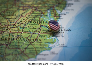 Norfolk, Virginia Pinned On A Map With USA Flag