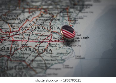 Norfolk, Virginia Pinned On A Map With USA Flag