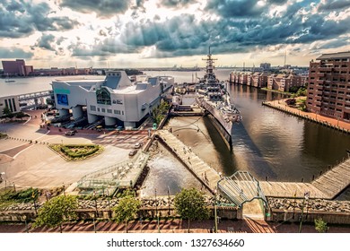 Norfolk, Virginia / United States – June 30, 2016: The USS Wisconsin Sits Docked Outside The Nauticus And Hampton Roads Naval Museum.