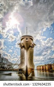 Norfolk, Virginia / United States – June 30, 2016:  The Bow Of The USS Wisconsin Docked At The Nauticus And Hampton Roads Naval Museum