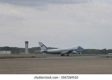Norfolk, Virginia, USA - May 3, 2021: Airforce One Just Lifting Off As It Passes The Control Tower Of Norfolk Airport