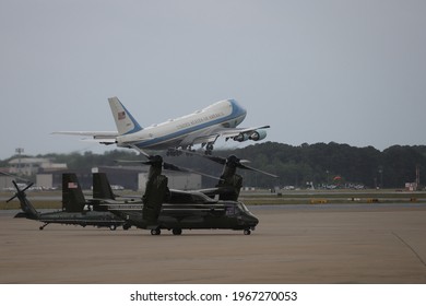 Norfolk, Virginia, USA - May 3, 2021: The Osprey's And Helicopter Are On The Ground As Airforce One Takes To The Skies