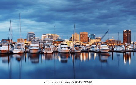 Norfolk, Virginia, USA on the Chesapeake Bay at twilight.