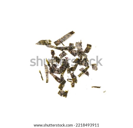 Nori Flakes Isolated. Dried Aonori Seaweed Flakes, Dry Sea Weed, Seaweed Crumbles, Nori Seaweed Pieces, Furikake on White Background