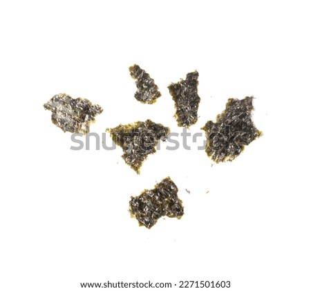 Nori Pieces Isolated, Dried Aonori Seaweed Flakes, Dry Sea Weed Torn Sheet, Seaweed Crumbles, Nori Seaweed Pieces, Furikake on White Background Top View