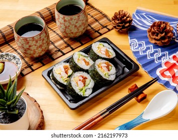 Nori Sushi Served In Dish With Black Coffee Side View Of Taiwan Food