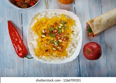 Norinj Palau, Basmati Rice, Dried Orange Peel Strips, Afghani Cuisine, Central Asia Traditional Assorted Dishes, Top View.