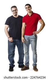 A Normal Overweight Man 30 Years Old Next To A Young Athletic Man Of 20 Isolated On White Background.