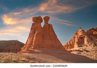 The Norman Fairy Chimneys at sunset. Scenic view of red sandstone rocks of Fairy Chimneys in Narman Valley. Summer Day. Turkey's Eastern Anatolia Region new populer nature area. Erzurum , Turkey 