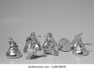 Norman, OK Aug. 8, 2018 Hershey's Chocolate Kisses On A White Background