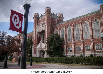 Norman, OK - November 12, 2020:  University of Oklahoma OU campus banner and Evans Hall