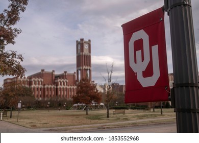 Norman, OK - November 12, 2020: University Of Oklahoma OU Logo Banner And Campus Clock Tower