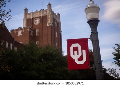 Norman, OK - November 12, 2020: University Of Oklahoma OU Logo And Campus Building