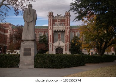 Norman, OK - November 12, 2020: University Of Oklahoma OU Campus Statue And Evans Hall