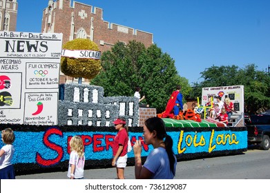 NORMAN, OKLAHOMA - OCTOBER 13 2007: Superman Float Marches On Street In Homecoming Event