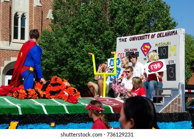 NORMAN, OKLAHOMA - OCTOBER 13 2007: Superman Float Marches On Street In Homecoming Event