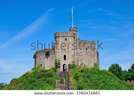 The Norman shell keep built in the late 11th century by Norman invaders on top of a 3rd-century Roman fort in Cardiff, Wales, UK