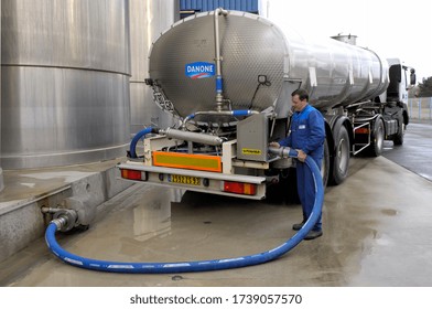 Normandy, France, April 2008.
Dairy plant Danone. Milk storage tank. Milk tanker trucks in the unloading area