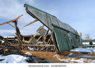 Normandy, France, January 2010.
Roof Collapsed Of A Farm Building Under The Weight Of The Snow Due Tot Heavy Snowfall During Storm Winter. Debris Field With Broken Wood Beams. Massive Storm Damage