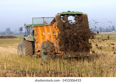 Normandy, France, January 2016.
Spreading of manure on a field with a manure spreader