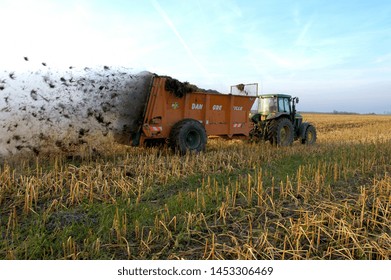 Normandy, France, January 2016.
Spreading of manure on a field with a manure spreader