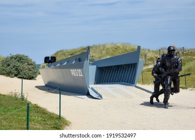 NORMANDY, FRANCE - July 4, 2017: Higgins Boat Monument on Utah Beach at the Battle of the Normandy Landings during WWII.
