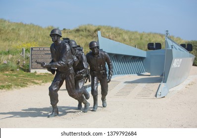 Normandy, France - June 2019: 75th Anniversary of the D-Day landings. Memorial to the Andrew Jackson Higgins and the Higgins landing craft, near Utah Beach, Normandy.