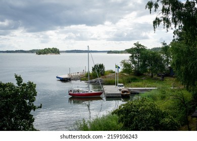 NORRKOPING, SWEDEN - Jun 01, 2021: A View Of Boats Moored On The Shore,  Capella Ecumenica Archipelago, Sweden