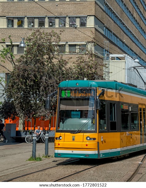 NORRKOPING, SWEDEN - JUNE 13,\
2020: The Norrkoping tramway network is a system of trams forming a\
principal part of the public transport services in Norrkoping,\
Sweden.
