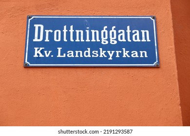 Norrkoping Town In Sweden. Drottninggatan Street Name Sign.