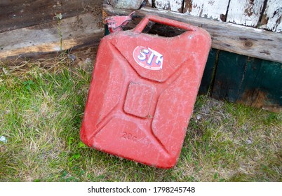 Norrtalje, Sweden - August 17 2020:
A Red And Old Gas Can Standing Outdoors.