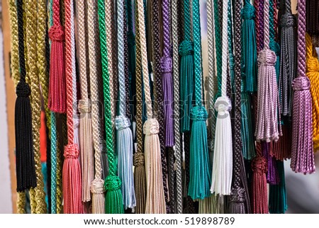 North Africa, Morocco, Marrakech. thread and tassle works section (silk, yarn, wool) of Jemna El Efna.