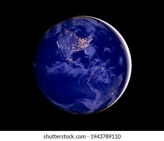 North America and South America at night viewed from space with city lights showing human activity in United States (USA), 3d rendering of planet Earth, elements from NASA.