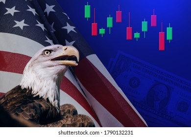 North American Bald Eagle on American flag,united states of america patriotic symbols.blue space 3d candlesticks chart on top. - Powered by Shutterstock